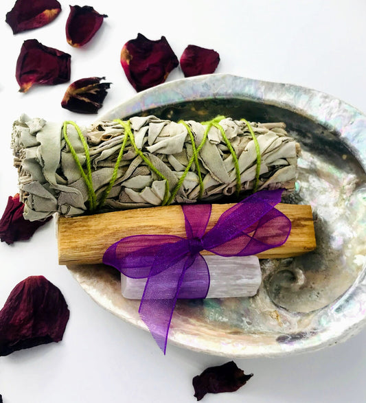 Sage, Palo Santo and Selenite cleansing Bundle, Beautiful Abalone Shell, Sage Smudge Kit, Sage Smudge Stick